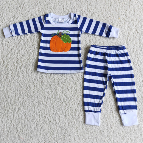 SALE 6 A25-26 Halloween Embroidered Pumpkin Blue Stripe Boy's Pajamas