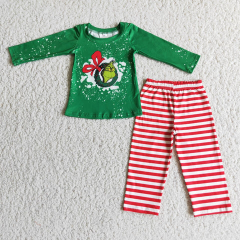 SALE 6 A12-4 Boutique Christmas Boy's Green animal Outfits Red Stripe Pants Sets