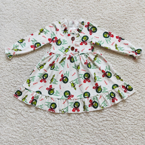 SALE 6 A13-18 Boutique Girl's Gown Green animal White Christmas Cartoons Print With Buttoms
