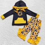 SALE 6 A8-28 Girl's Sunflower Yellow Hoodie Ruffles Boutique Set