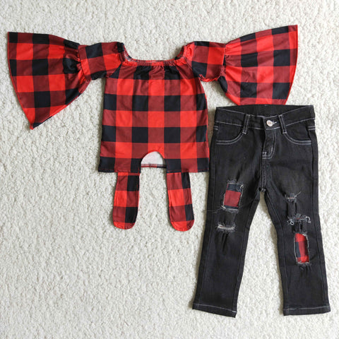 Christmas Red Plaid Big Flared Cuffs Ripped Jeans Outfits
