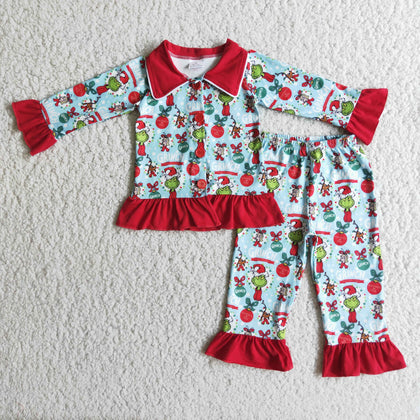 6 B3-24 Christmas Girl's Red Blue Green animal Pajamas