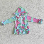 Girl's Tie Dry Zipper Hoodie Ruffles Coat