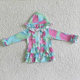 Girl's Tie Dry Zipper Hoodie Ruffles Coat