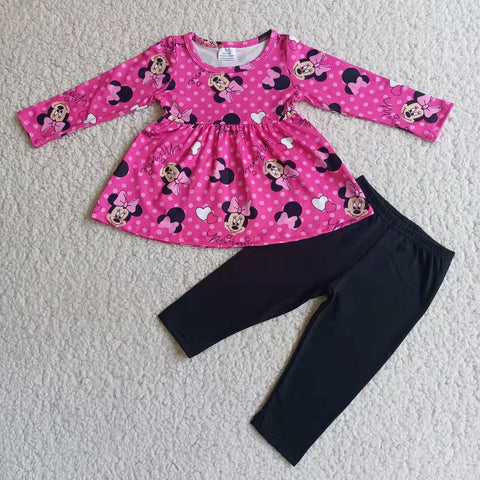 SALE 6 B1-1 Girl's Cartoon Dark Pink Dots mouse Love Black Leggings Set