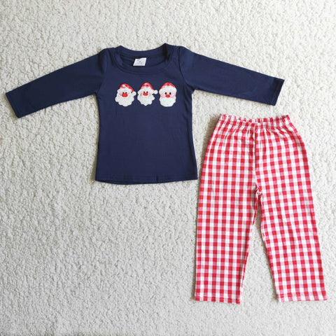 SALE 6 A6-27 Boutique Embroidery Santa Claus Dark Blue Red Plaid Boy's Set