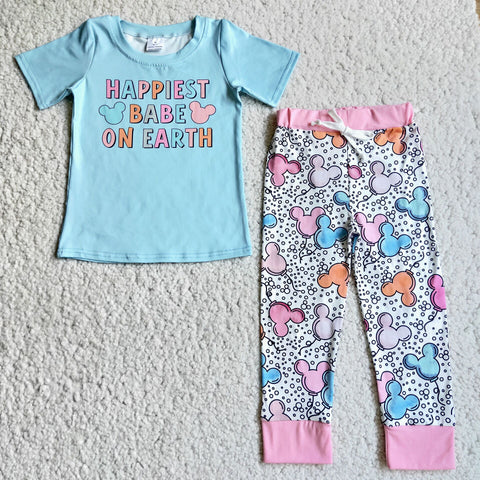 SALE D3-16 Happiest BABE On Earth Cartoon mouse Blue Short Sleeves Set