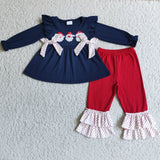 Embroidered Santa Claus Navy Blue Tunic With Bows Ruffles Red Pants