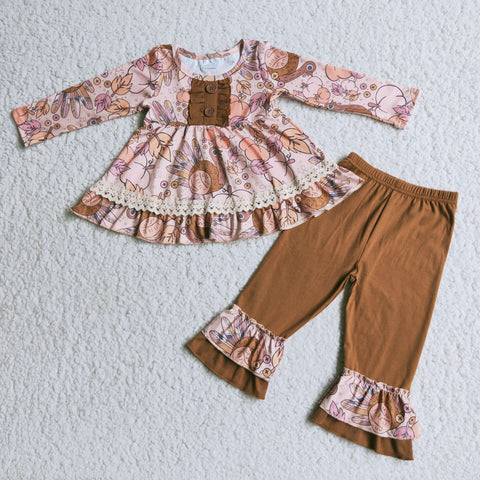 Thanksgiving Day Turkey Brown Fall Ruffles Lace Tunic Pants Set