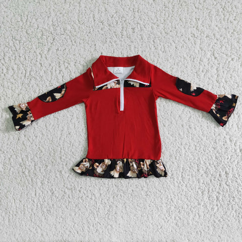 SALE 6 A8-3 Christmas Girl's Red Cow With Zipper Pullover Shirt Top
