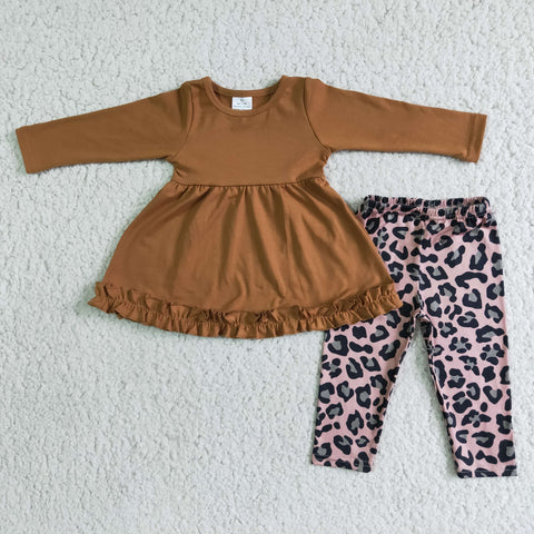 Brown Leopard Ruffles Girl's Outfits