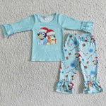 SALE 6 B6-14 Christmas Girl's Blue dog Cartoons Outfit