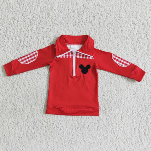 Boy's Red Plaid Cartoon mouse With Zipper Pullover Shirt Top