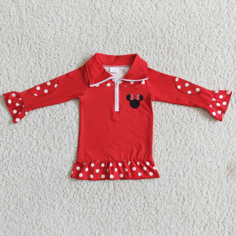 Girl's Red Plaid Cartoon mouse With Zipper Pullover Shirt Top