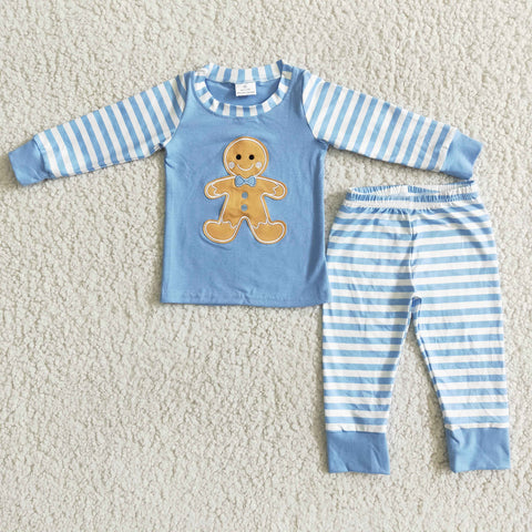 SALE 6 B8-23 Christmas Boy's Embroidered Gingerbread Blue Stripe Pajamas