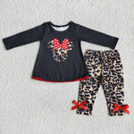 SALE 6 A15-17 Cartoon Leopard Black Red With Bows mouse Girl's Set