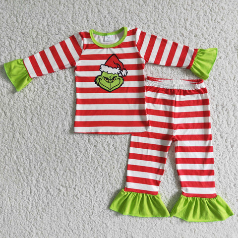 6 B4-2 Girl's Pajamas Christmas Green Animal Red Stripe New Outfits