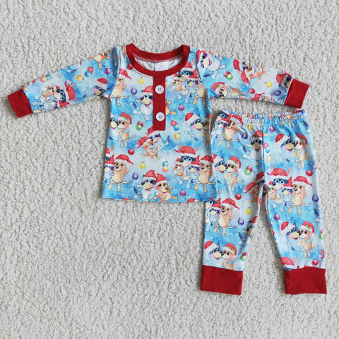 6 B11-24 Christmas Boy blue dog Cartoon Red Pajamas Outfits