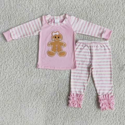 6 A7-26 Christmas Girly's Embroidered Gingerbread Pink Stripe Pajamas