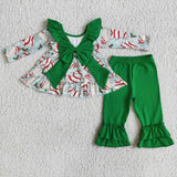 SALE 6 A0-12 Christmas Green Trees Cake Ruffles Tunic With Big Bow Outfits