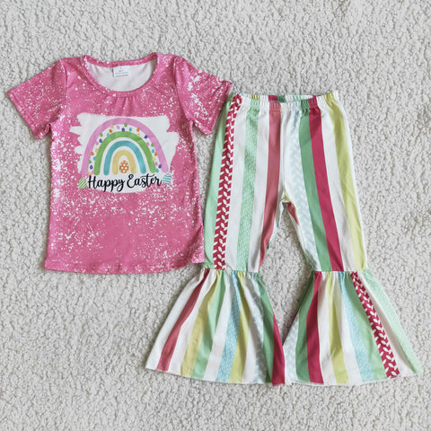 SALE Happy Easter Pink Rainbow Stripe Short Sleeves Set