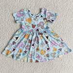 SALE D6-5 Summer Cartoon Ice cream Blue mouse Castle Girl's Short Sleeves Dress