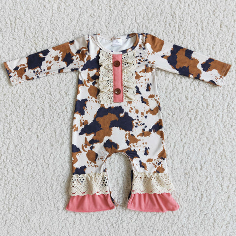 Baby Girl Western Cow With Lace Brown Romper