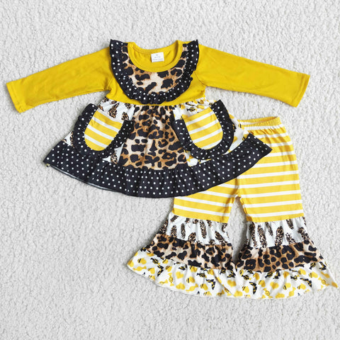 Boutique Ruffles Yellow Leopard Stripes With Pockets Outfits