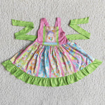 SALE A16-13Easter Bunny Rabbit Pink Green Girl's Twirl Dress