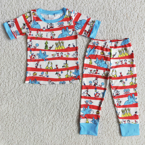 Boy's new blue Reading red stripe short sleeves pajamas