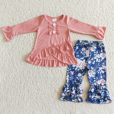 Pink ruffles shirt with button blue flower outfits