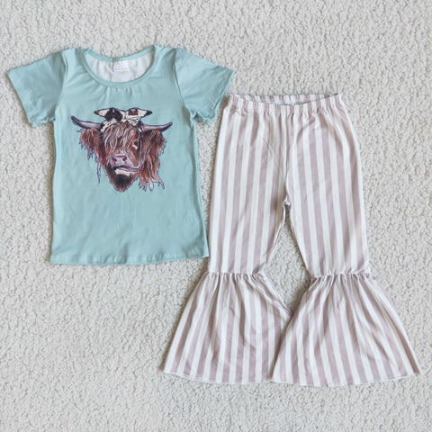 SALE D2-20  Cattle Cow Grey Stripe Short Sleeves Set Outfits