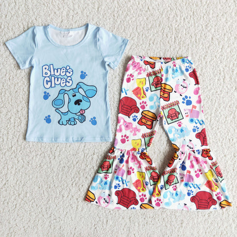 E8-5 Cute Blue Dog Girl's Short Sleeves Outfits
