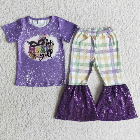 Let's mardi yall purple plaid sequin girl's set