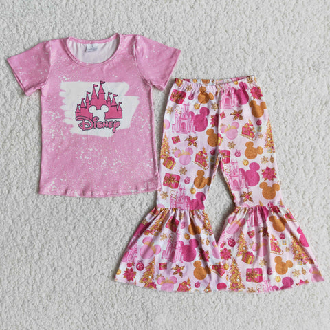 Cartoon Pink Short Sleeves Castle mouse Girl's Outfits