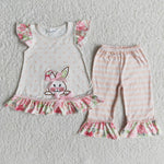 E6-18 Easter Embroidery Rabbit Bunny Flower Cropped Trousers Set