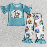 Cartoon Blue Color Short Sleeves Girl's Outfits