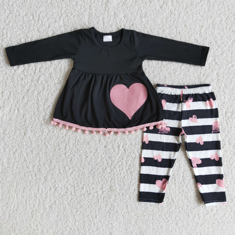 Valentine's Day Embroidery Love Pink Black Stripe Girl's Set