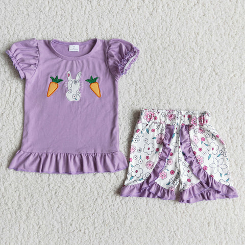 Easter Embroidery Rabbit Bunny Carrot Purple Girl's Set