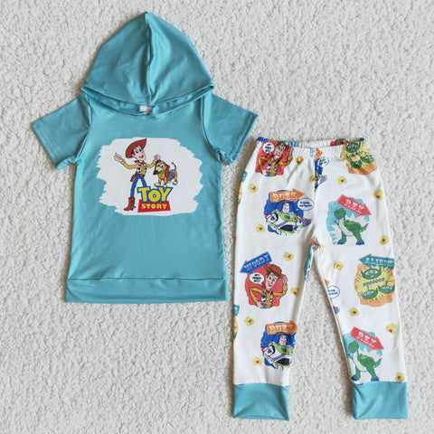 E7-30 Cartoon Blue Color Short Sleeves Hoodie Boy's Outfits