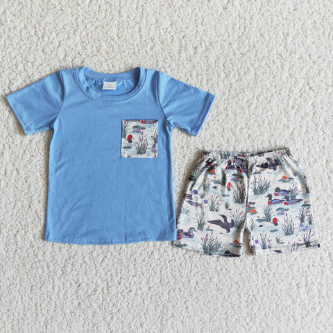 Blue shirt with a pocket Mallard duck shorts boy's summer set