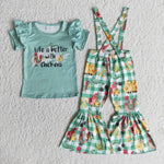 Life is better with chickens Girl's Green Plaid Overalls Set