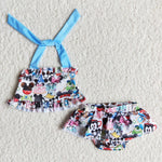 Girl summer blue Cartoon mouse two piece swimsuit