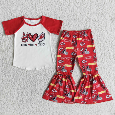 E10-12 Peace love chiefs red short sleeves girl's set
