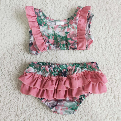 E9-20 Girl summer Bikini pink ruffles two piece swimsuit