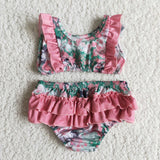 E9-20 Girl summer Bikini pink ruffles two piece swimsuit