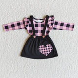 6 A28-30 Valentine's Day Embroidery Love Pink Plaid Sling Skirt Two Piece Set