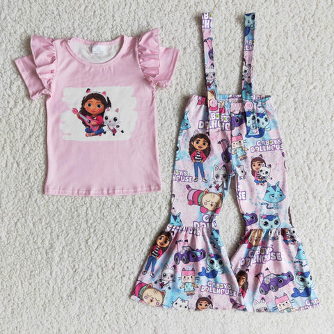 Pink Overalls Cat Girl's Set