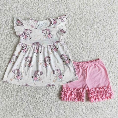 SALE A6-9-1 Summer Unicorn Pink Shorts Set