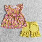 SALE D12-16 Lemon Yellow Dots Girl Shorts Set